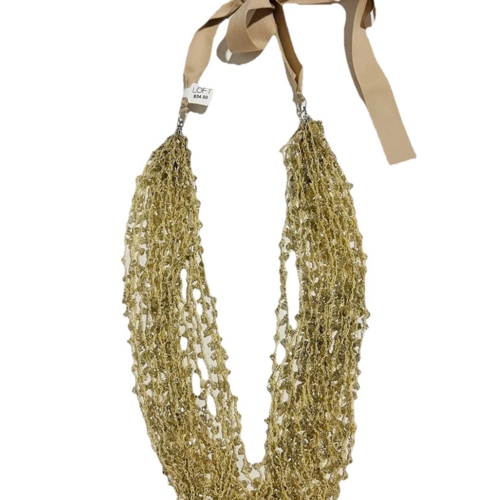 Ann Taylor Loft Multi-Strand Seed Bead Fringe Necklace Beige/Gold w/ Ribbon Tie